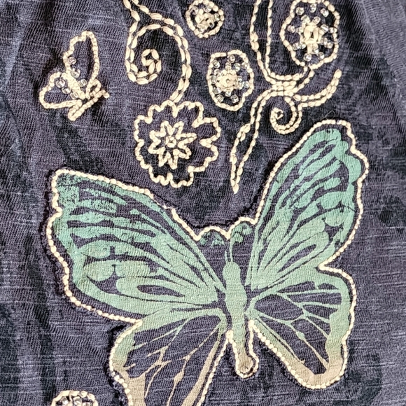 Navy Blue Top with Teal Butterflies Short Sleeve T-Shirt Women's Petite XL - Picture 9 of 10